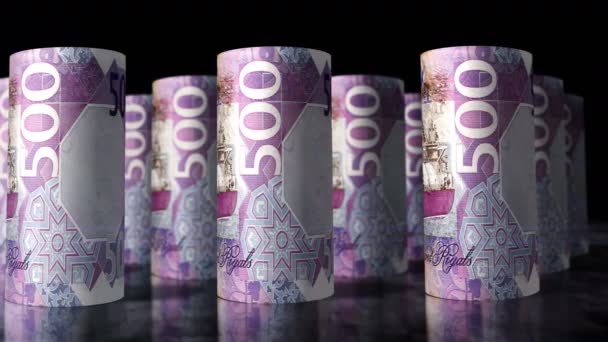 Katar peníze Riyal peníze role smyčka 3D animace. Kamera se pohybuje před valícími se bankovkami QAR. Bezproblémová smyčková koncepce ekonomiky, financí, obchodu a dluhu. - Záběry, video