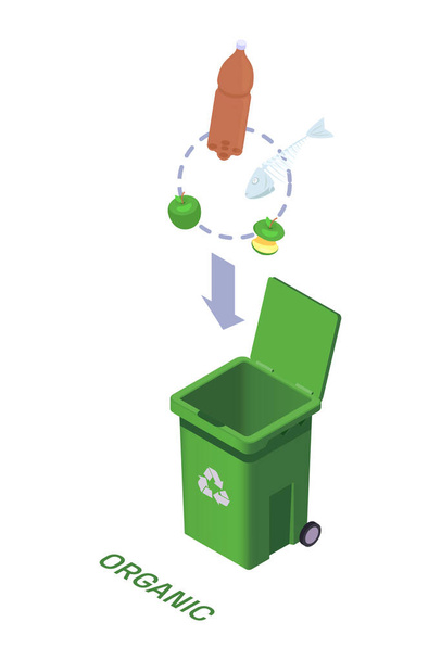 Icona isometrica di riciclo rifiuti con contenitore verde per rifiuti organici illustrazione vettoriale 3d - Vettoriali, immagini