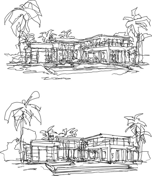 zwei handgezeichnete architektonische Skizzen eines wunderschönen luxuriösen Einfamilienhauses in einem tropischen Resort mit Pool und Palmen rundherum - Vektor, Bild