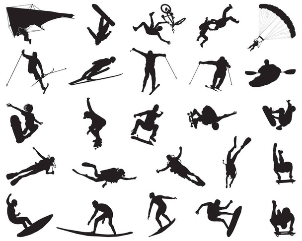 Schwarze Silhouetten von Extremsportarten auf weißem Hintergrund - Vektor, Bild