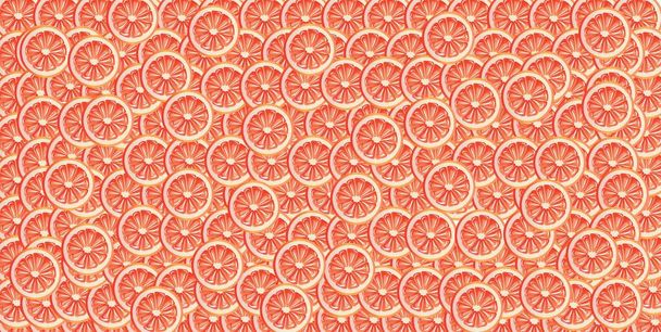 Veel plakjes rijpe grapefruits als achtergrond. Patroon voor ontwerp - Vector, afbeelding