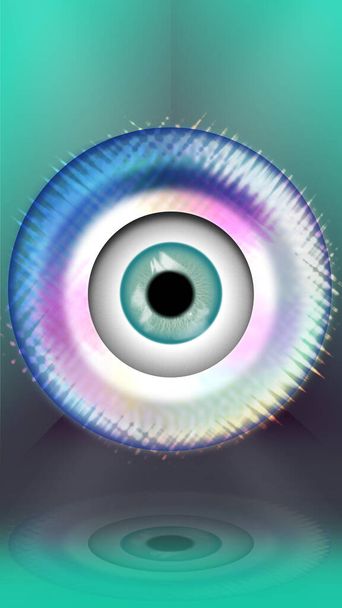 een disco 80s psychedelische groene iriserende oog oogbol spiraal mythische geest liefde spirituele focus zicht geest groovy illustratie - Foto, afbeelding