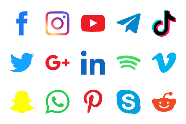Social Media Populaire Pictogramcollectie. Facebook, Youtube, TikTok, Telegram, WhatsApp, Skype - Vector, afbeelding