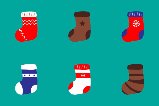クリスマス株のセット。緑の背景にクリスマスプレゼントのための6つの異なる靴下のセット - ベクター画像