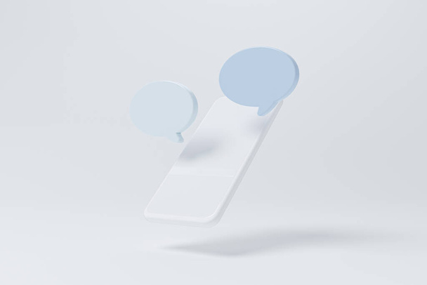 Речевой пузырь и мобильный смартфон на белом фоне. Символическая икона чата. Онлайн сообщение, комментарий или коммуникационная концепция. 3D рендеринг - Фото, изображение