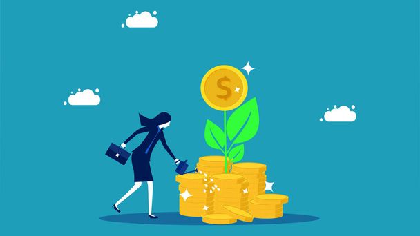 Investment and profit growth. Wealth or savings. businesswoman who waters a pile of coins to grow money plants vector - Vector, Image
