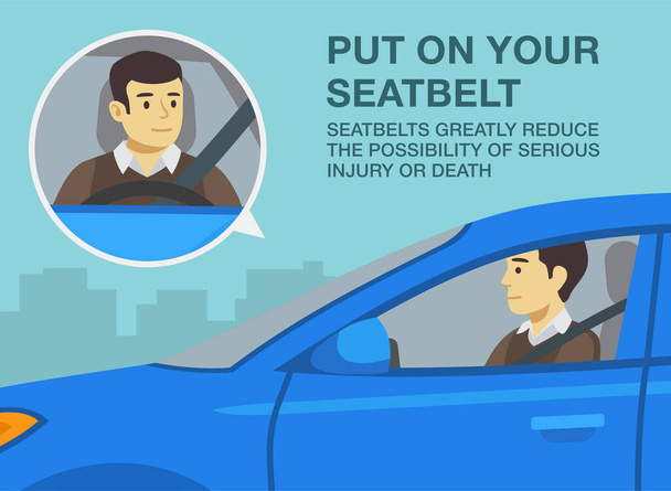 Safe driving tips and rules. Put on your seatbelt. Seatbelts greatly reduce the possibility of serious injury or death. Close-up of male driver wearing a seatbelt. Flat vector illustration template. - Vector, Image