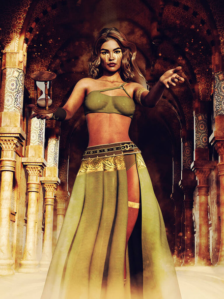 Scène colorée avec une prêtresse fantasmée dans un temple ensoleillé, tenant un sablier. rendu 3D. - Photo, image