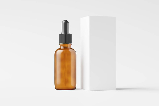 Amber Glass Dropper Bottle 3D Rendering White Blank Mockup For Design Presentation - Fotoğraf, Görsel