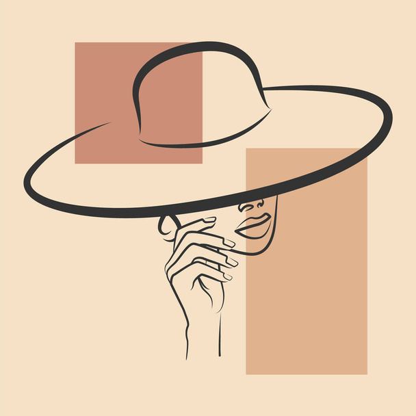 Красота логотипа женщины в шляпе иллюстрации. Квадратный дизайн для декора, печати, открытки, фона. Векторная иллюстрация - Вектор,изображение