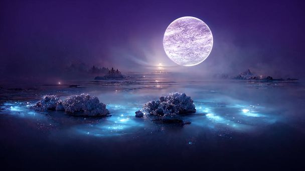 Fantasy full moon background with ocean. Wave of blue sea at night. 3D rendering image.	 - Foto, Imagem