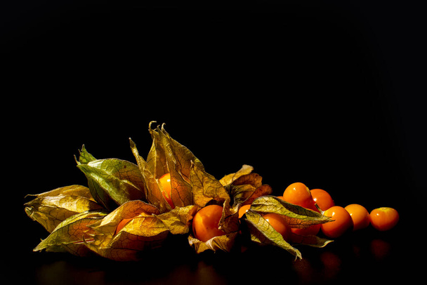 Physalis Cape gooseberry fruit fresh against black background arranged in a artistic way . - Photo, Image