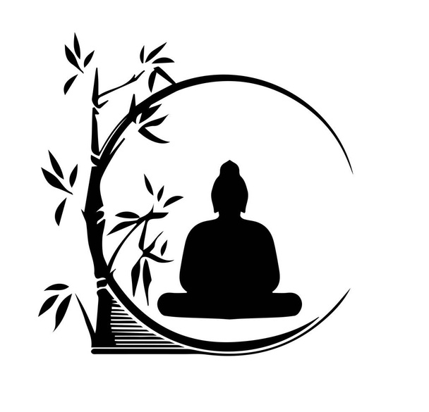 Сидящий Будда медитирует с деревом на белом фоне - Вектор,изображение
