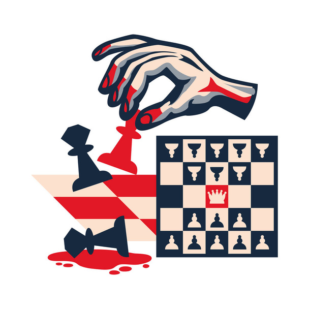 Revolutie politiek plat concept met schaakbord en menselijke hand in bloed vector illustratie - Vector, afbeelding