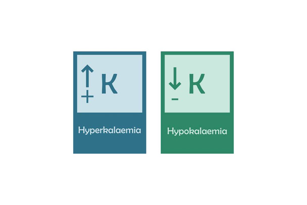 Hyperkaliämie und Hypokalämie Kalium K Überschuss und Defizit Elektrolytstörung, blaue und grüne Karte Symbole Vektorillustration - Vektor, Bild