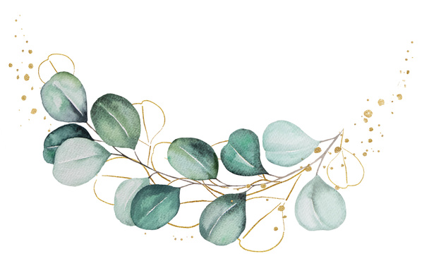 Yeşil ve altın suluboya okaliptüs yaprakları ve dallardan yapılmış buket, izole bir resim. Romantik düğün kırtasiyesi, tebrik kartları ve el işi için botanik öğesi - Fotoğraf, Görsel