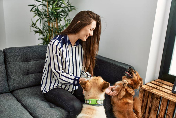 Joven mujer hispana sonriendo confiada sentada en sofá con perros en casa - Foto, imagen
