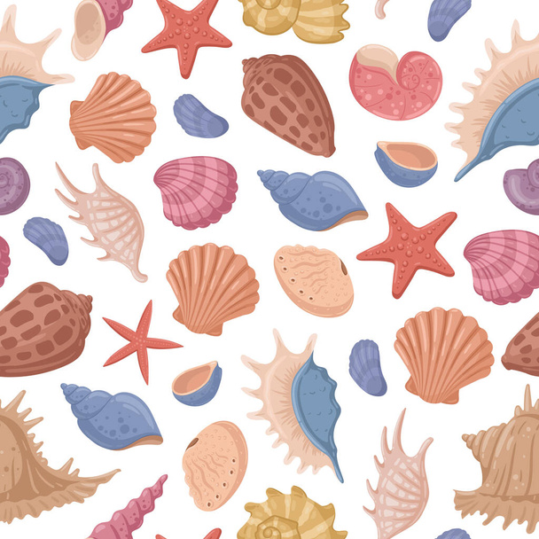 Karikaturen von Meeresmuscheln, Seesternen und Korallen. Unterwasserfauna, Jakobsmuscheln, Weichtiere und Muscheln als Vektorhintergrund. Muscheln endloses Muster - Vektor, Bild
