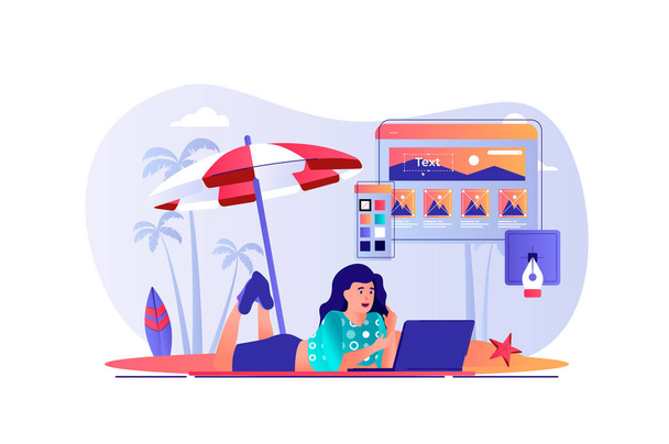 Freelance toimii konseptina ihmisten kanssa. Nainen suunnittelija työskentelee kannettavan tietokoneen ja makaa rannalla merellä. Etätyöntekijä tekee tehtäviä verkossa. Kuvitus hahmot litteä muotoilu web - Valokuva, kuva