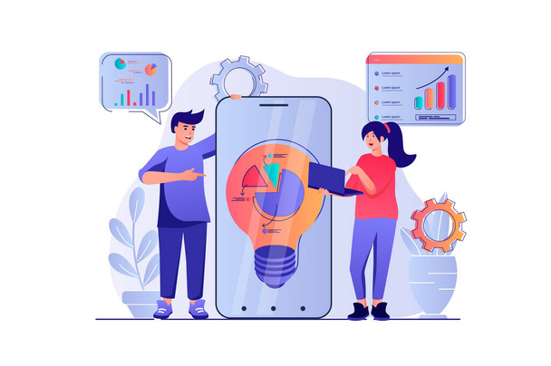 Business idea concept with people scene. Man and woman generate new ideas, analyzing data in app, develop success strategy for new project. Illustration with characters in flat design for web - Photo, Image