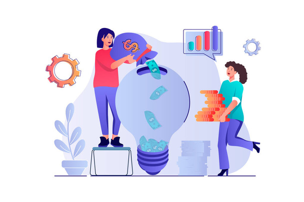 Investment concept with people scene. Women invest their savings and personal finances in new idea and develop success business project. Illustration with characters in flat design for web - Photo, Image