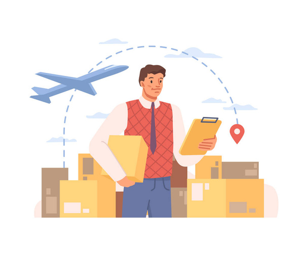Malların taşınması ve paket teslimatı sürecini lojistik şirketi yöneticisi kontrol ediyor. İzole edilmiş insan kişiliği ve uçak. Çizgi film tarzında vektör - Vektör, Görsel