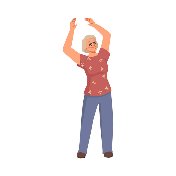 Ηλικιωμένη γυναίκα που τεντώνεται και κάνει ασκήσεις, απομονωμένη ηλικιωμένη γυναίκα που γυμνάζεται και κρατιέται σε φόρμα. Ηλικιωμένη κυρία που βελτιώνει την υγεία. Διάνυσμα σε επίπεδο στυλ κινουμένων σχεδίων - Διάνυσμα, εικόνα