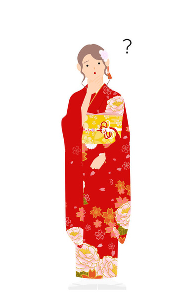 Žena v kimonu, oblečená v furisodě (kimono s dlouhým rukávem) mají pochybnosti - Vektor, obrázek