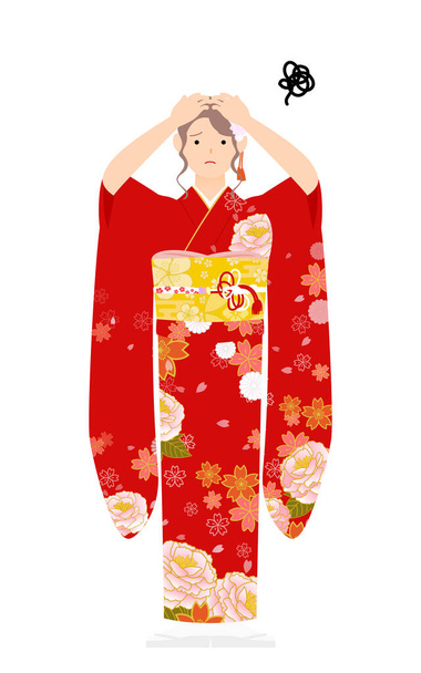 Una mujer en kimono, usando un furisodio (kimono de manga larga) Preocúpate con tu cabeza - Vector, imagen