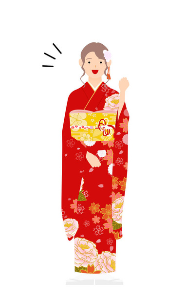 Eine Frau im Kimono, die einen furisode (langärmeligen Kimono) trägt, schlägt eine Pose der Eingeweide ein - Vektor, Bild