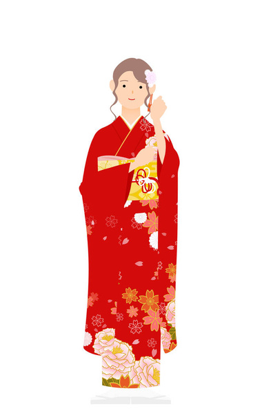 Una mujer en kimono, usando un furisodio (kimono de manga larga) Pausa para arreglarte el cabello. - Vector, Imagen