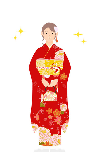 Una mujer en kimono, con un furisodio (kimono de manga larga) Cara frontal con bolsa (con brillo) - Vector, imagen