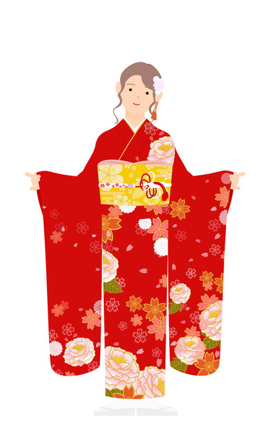 Una mujer en kimono, usando un furisodio (kimono de manga larga) Recogiendo las mangas y golpeando una pose linda - Vector, imagen