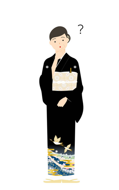 Senior Woman in Kurotomesode, posed set, in kimono Αμφισβήτηση, ανησυχία, δέσμευση, κατάδειξη, κλπ. - Διάνυσμα, εικόνα
