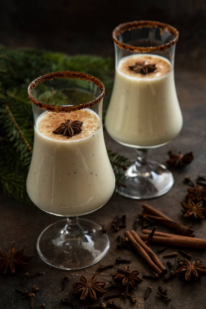 Winter spicy hot drink eggnog in a glasses with cinamon, vanilla and sugar, selective focus with   shallow depth of the field  - Foto, Imagem