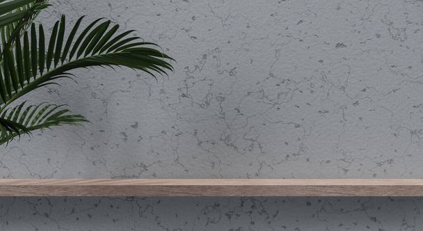 Mensola 3d podio con ombra, albero e parete texture per la presentazione del prodotto. Rendering 3D. - Foto, immagini