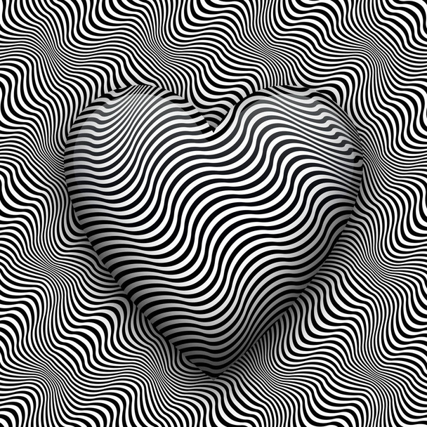 Trippy hartvorm op golvend patroon oppervlak. Vector zwart wit optische kunst illustratie. - Vector, afbeelding