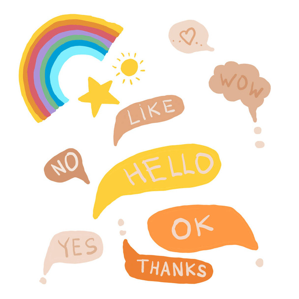 Hello, okay, yes, no, stickers set on a white background separately hand-drawn - Фото, изображение