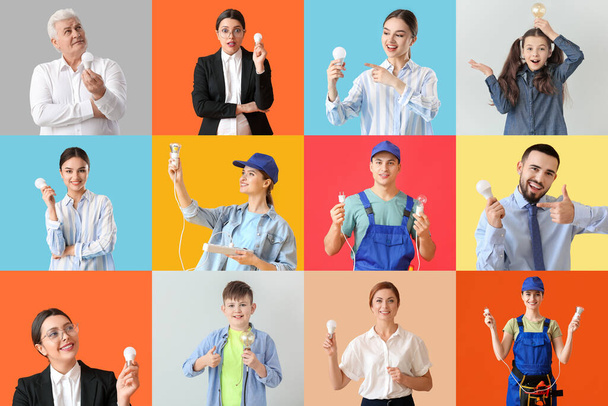 Collage of electricians and people with light bulbs on color background - Fotó, kép