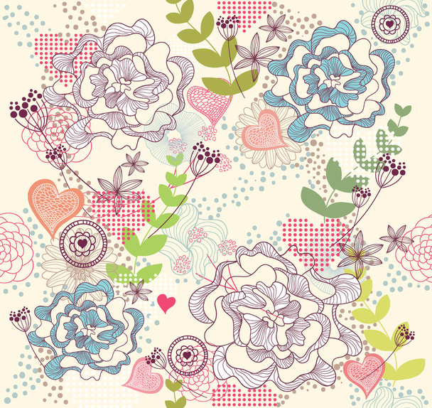 Cute colorful seamless pattern, wallpaper or background with flowers and he - ベクター画像