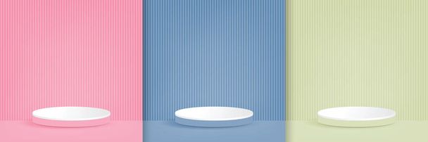 Set di blu, rosa, cilindro verde display podio piedistallo, sfondo stanza vuota. Forma astratta moderna del vettore di rendering 3d per la presentazione della visualizzazione dei prodotti. Scena di parete minimale pastello, Studio room. - Vettoriali, immagini