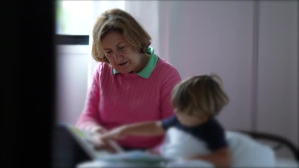 Feliz abuela leyendo cuento a nieto. La abuela cándida cuenta la historia de la hora de acostarse a su nieto - Metraje, vídeo