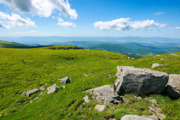 carpathian mountain summer landscape. green hills and stones on a sunny day with fluffy clouds. wonderful scenery of mnt runa - Photo, image