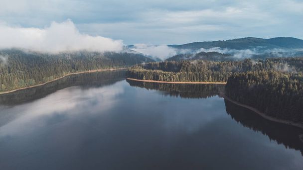 Vista de la naturaleza virgen desde arriba. Bosque mixto y lago bajo la niebla de la mañana y el amanecer. Los pulmones del mundo con suficiente humedad para crear oxígeno fresco. - Foto, Imagen