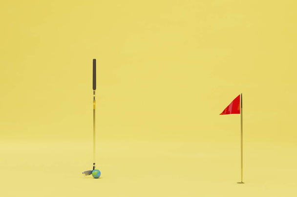 golfin pelaamisen käsite. Golfklubi planeetan muotoisen pallon vieressä ja punainen lippu keltaisella pohjalla. 3D-kuvaus. - Valokuva, kuva