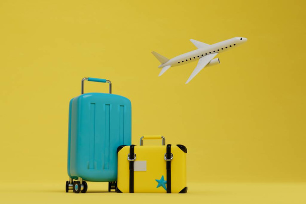 the concept of traveling by plane. luggage and a flying plane on a yellow background. 3D render. - 写真・画像