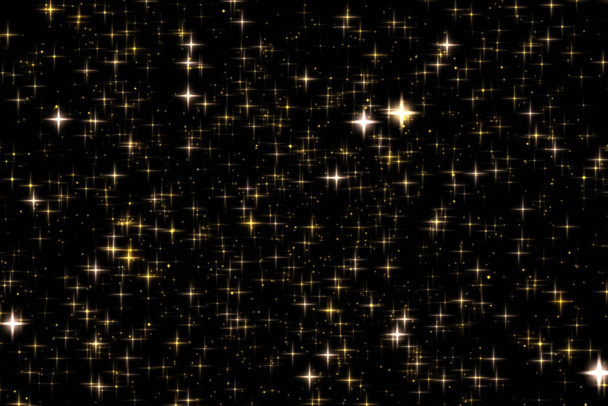 Brilho de férias dourado e sobreposição espumante, estrelas e textura de brilho mágico no fundo preto, partículas de poeira de estrela de ouro para projetos de luxo e glamour - Foto, Imagem