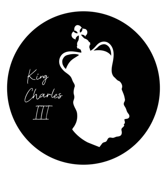 Kral III. Charles 'ın Crown' daki İngiliz hükümdarının basit portresi. Galler Prensi 'nin baş tarafı profilli silueti. Vektör. Tasarım ve dekorasyon için logotype. Londra, İngiltere. Eylül 2022 - Vektör, Görsel