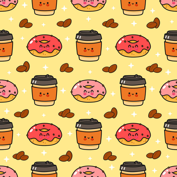 Μοτίβο χαρούμενος καφές και ροζ ντόνατ. Διάνυσμα χέρι που doodle στυλ κινουμένων σχεδίων εικονίδιο σχεδίασης χαρακτήρα. Μοτίβο καφέ και ροζ ντόνατ φίλους έννοια  - Διάνυσμα, εικόνα