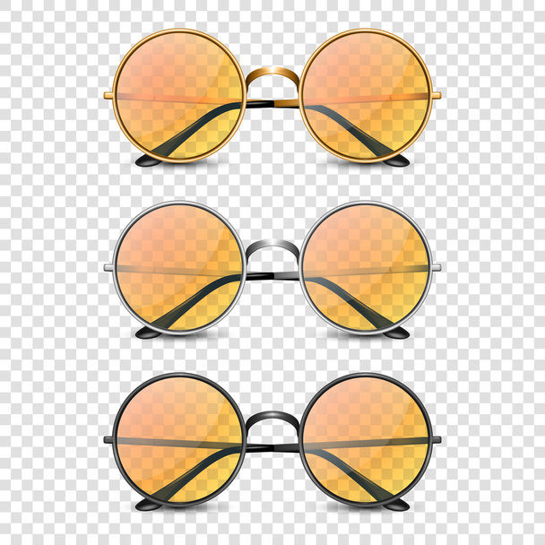 Vector 3d Realistic Round Frame Glasses Set with Orange Glass isolated, Transparent Sunglasses for Women and Men, Accessory. Optics, Lens, Vintage, Trendy Glasses. Front View. - Vettoriali, immagini